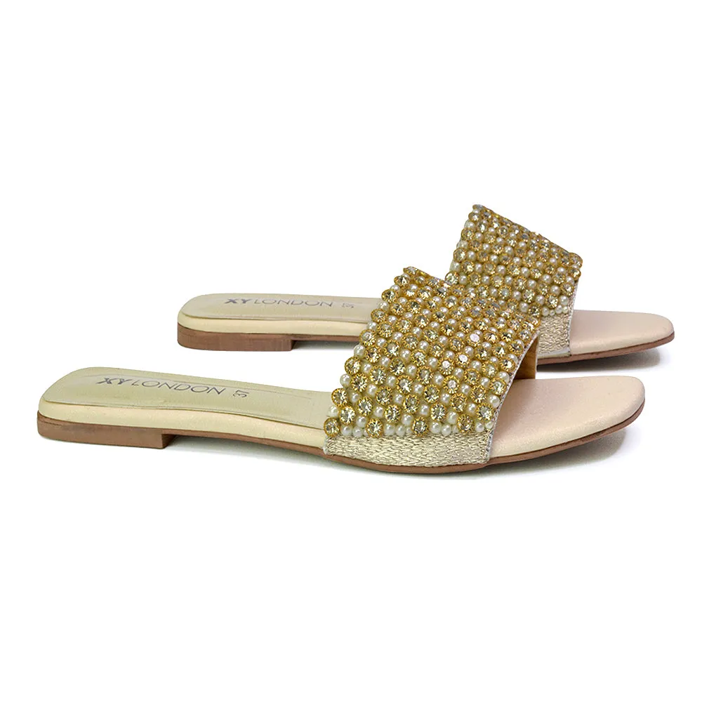 Daisy-Jones Slip On Slider Diamante Flat Sandals With Square Toe in Black