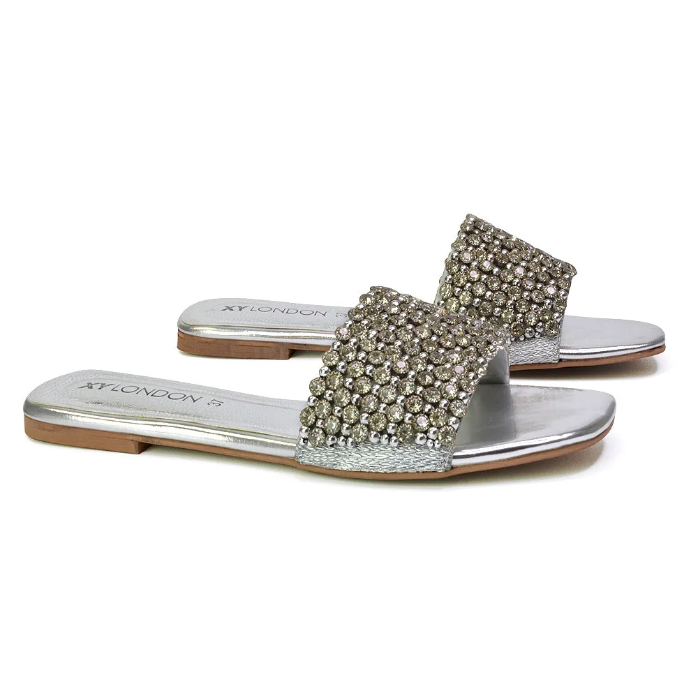 Daisy-Jones Slip On Slider Diamante Flat Sandals With Square Toe in Black