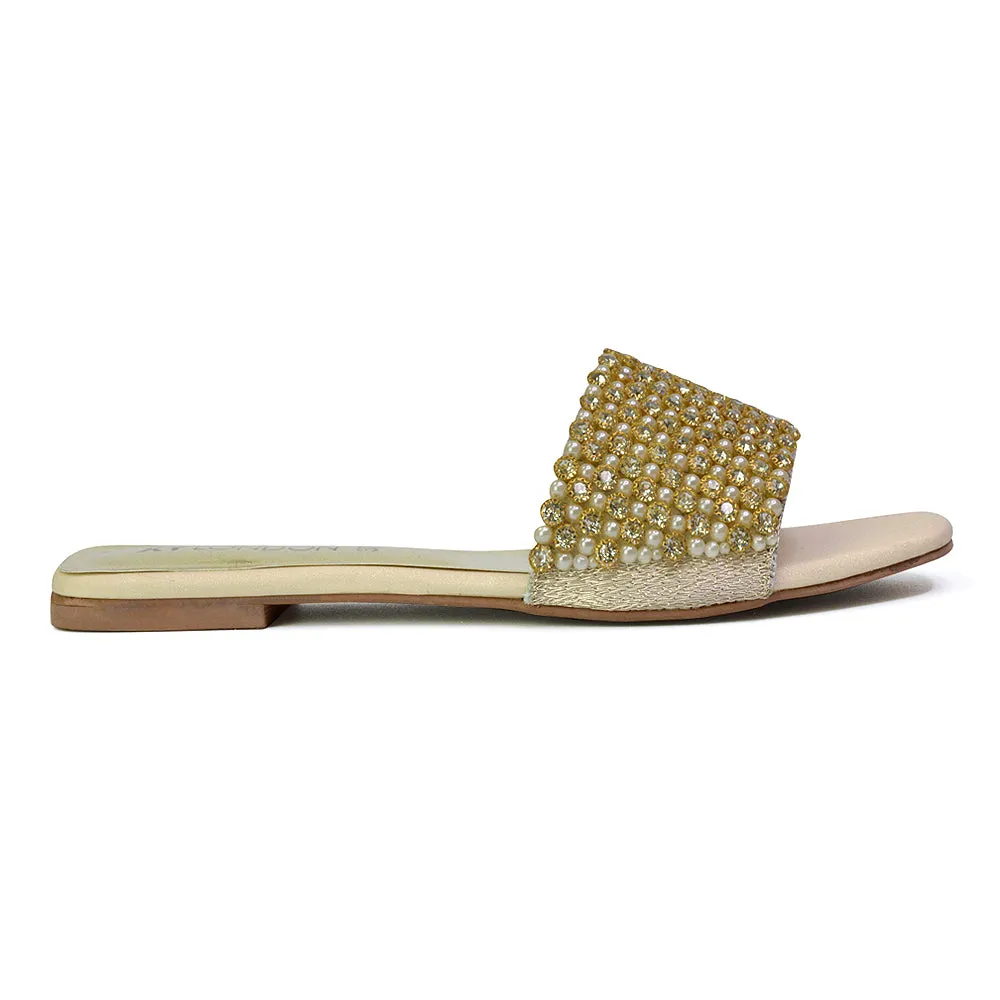 Daisy-Jones Slip On Slider Diamante Flat Sandals With Square Toe in Black