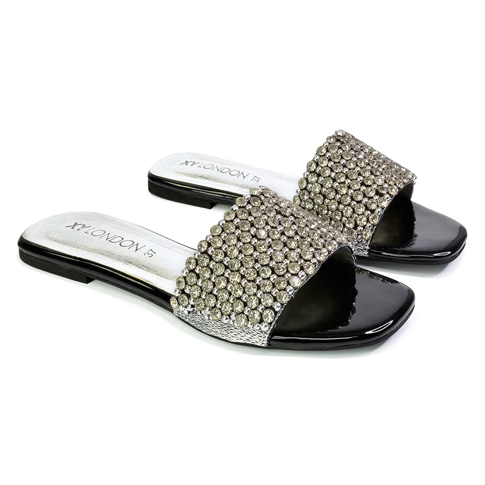 Daisy-Jones Slip On Slider Diamante Flat Sandals With Square Toe in Black