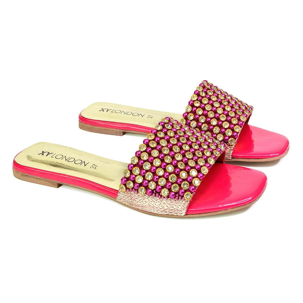 Daisy-Jones Slip On Slider Diamante Flat Sandals With Square Toe in Gold