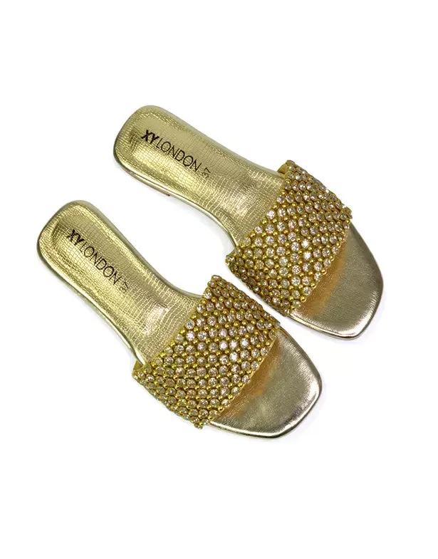 Daisy-Jones Slip On Slider Diamante Flat Sandals With Square Toe in Gold