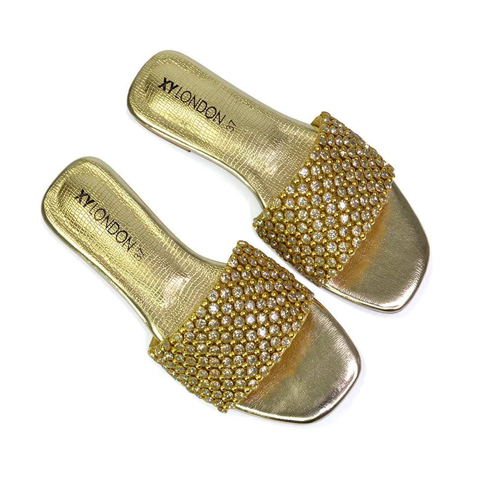 Daisy-Jones Slip On Slider Diamante Flat Sandals With Square Toe in Gold