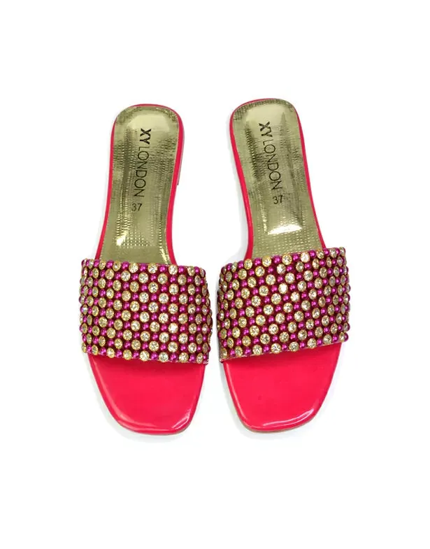 Daisy-Jones Slip On Slider Diamante Flat Sandals With Square Toe in Gold