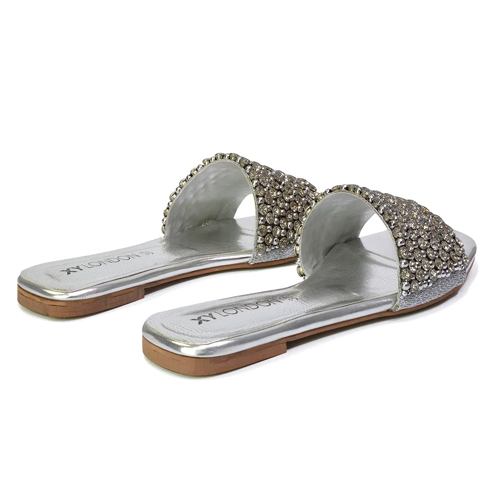 Daisy-Jones Slip On Slider Diamante Flat Sandals With Square Toe in Gold