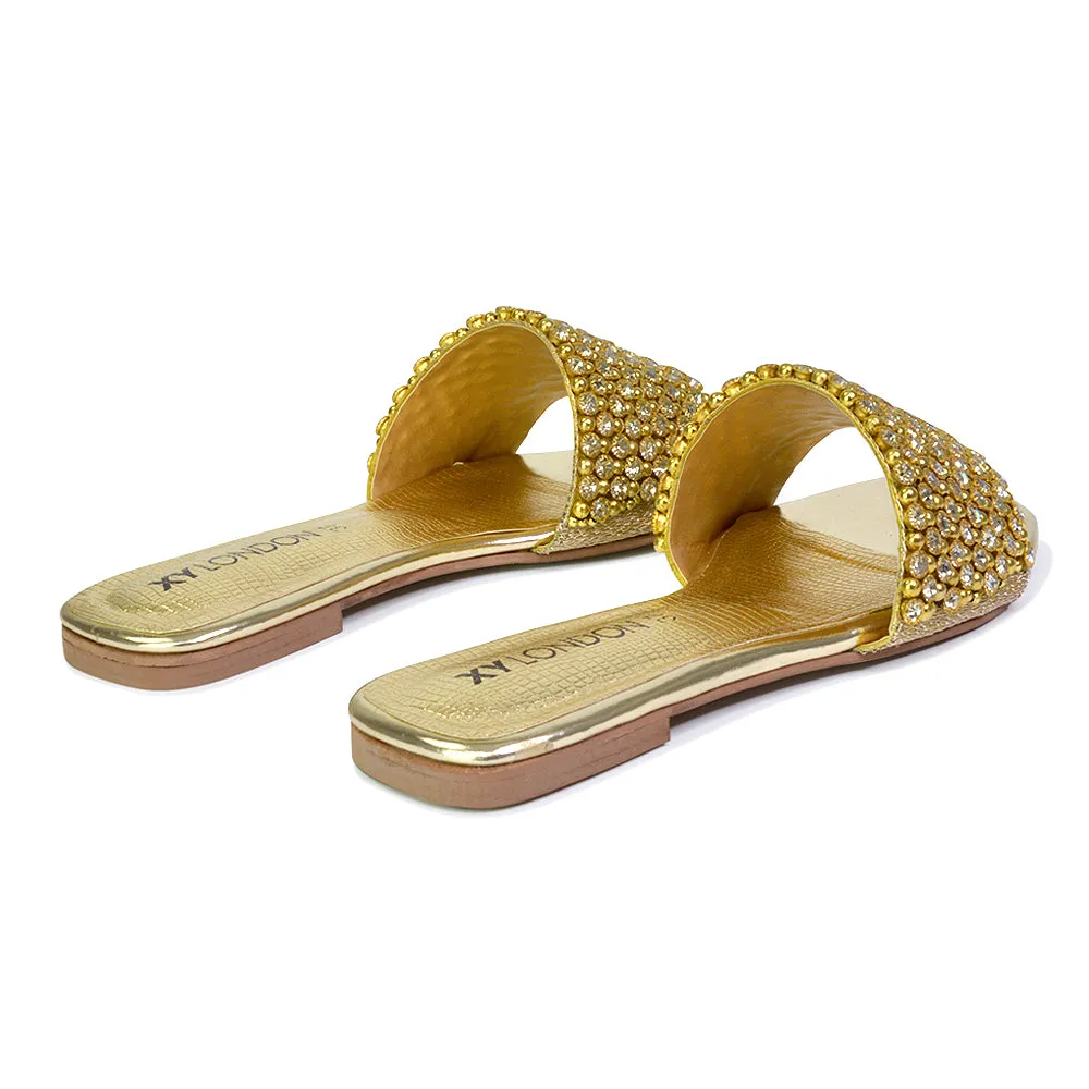 Daisy-Jones Slip On Slider Diamante Flat Sandals With Square Toe in Gold