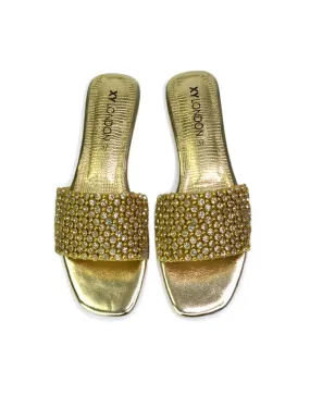 Daisy-Jones Slip On Slider Diamante Flat Sandals With Square Toe in Gold