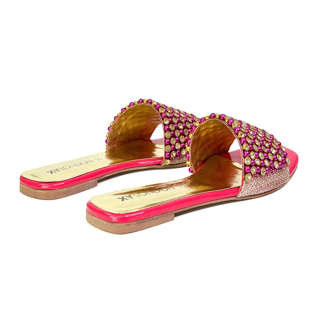 Daisy-Jones Slip On Slider Diamante Flat Sandals With Square Toe in Gold