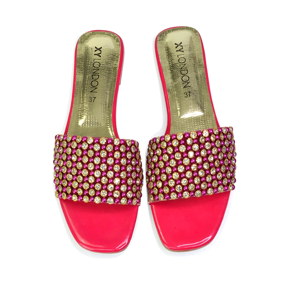 Daisy-Jones Slip On Slider Diamante Flat Sandals With Square Toe in Gold