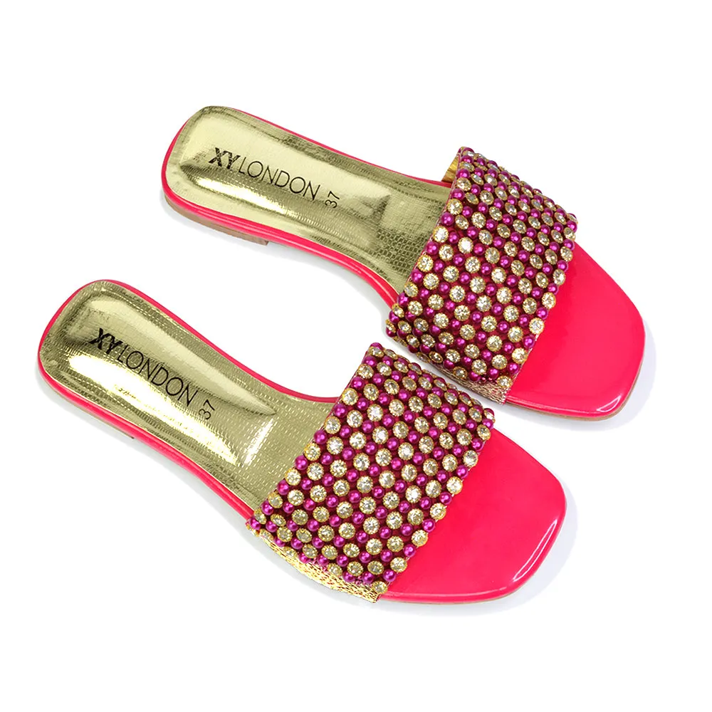 Daisy-Jones Slip On Slider Diamante Flat Sandals With Square Toe in Gold