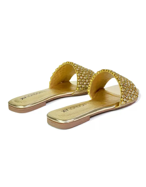 Daisy-Jones Slip On Slider Diamante Flat Sandals With Square Toe in Gold