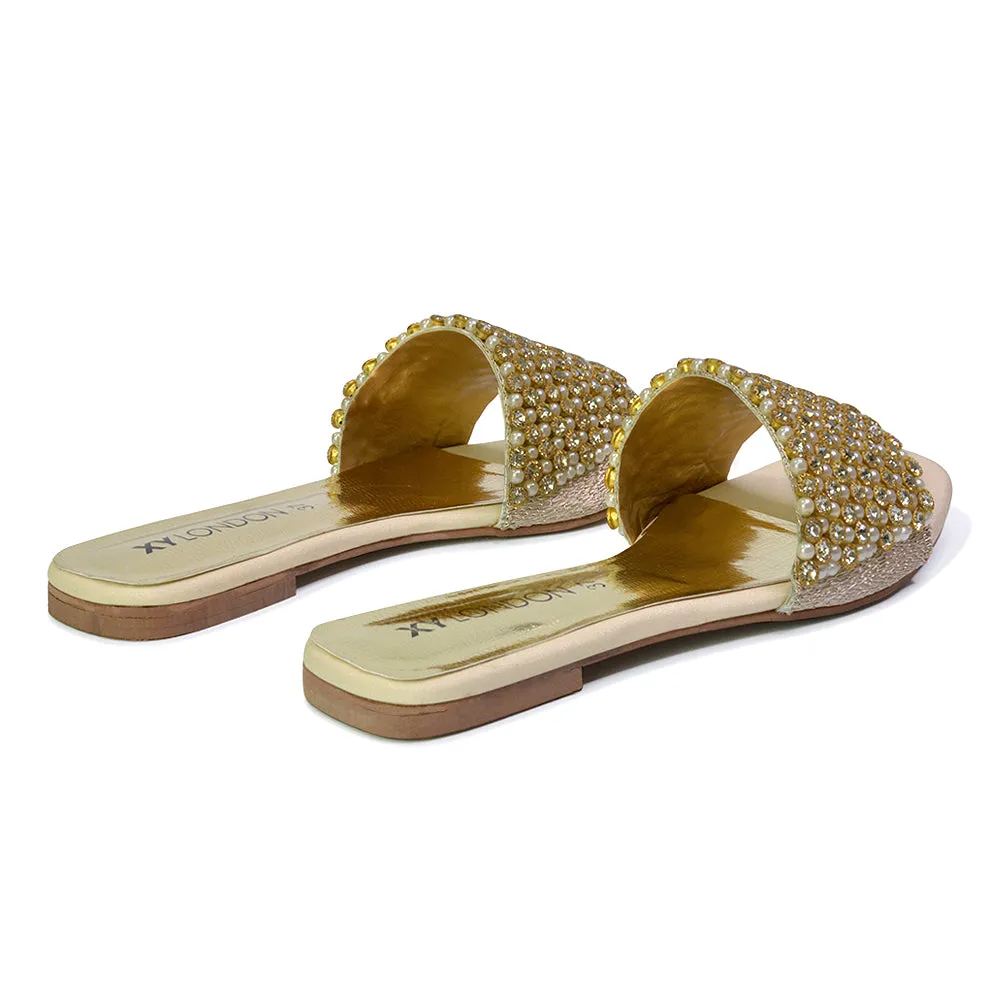 Daisy-Jones Slip On Slider Diamante Flat Sandals With Square Toe in Gold