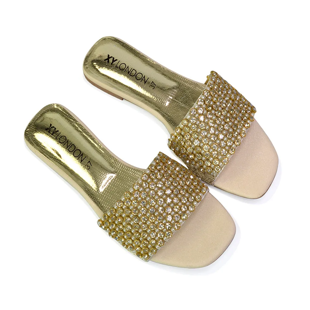 Daisy-Jones Slip On Slider Diamante Flat Sandals With Square Toe in Gold