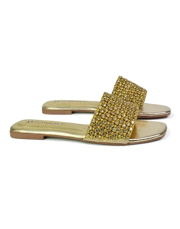 Daisy-Jones Slip On Slider Diamante Flat Sandals With Square Toe in Gold