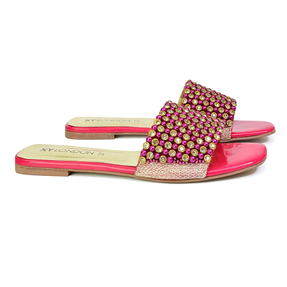 Daisy-Jones Slip On Slider Diamante Flat Sandals With Square Toe in Gold