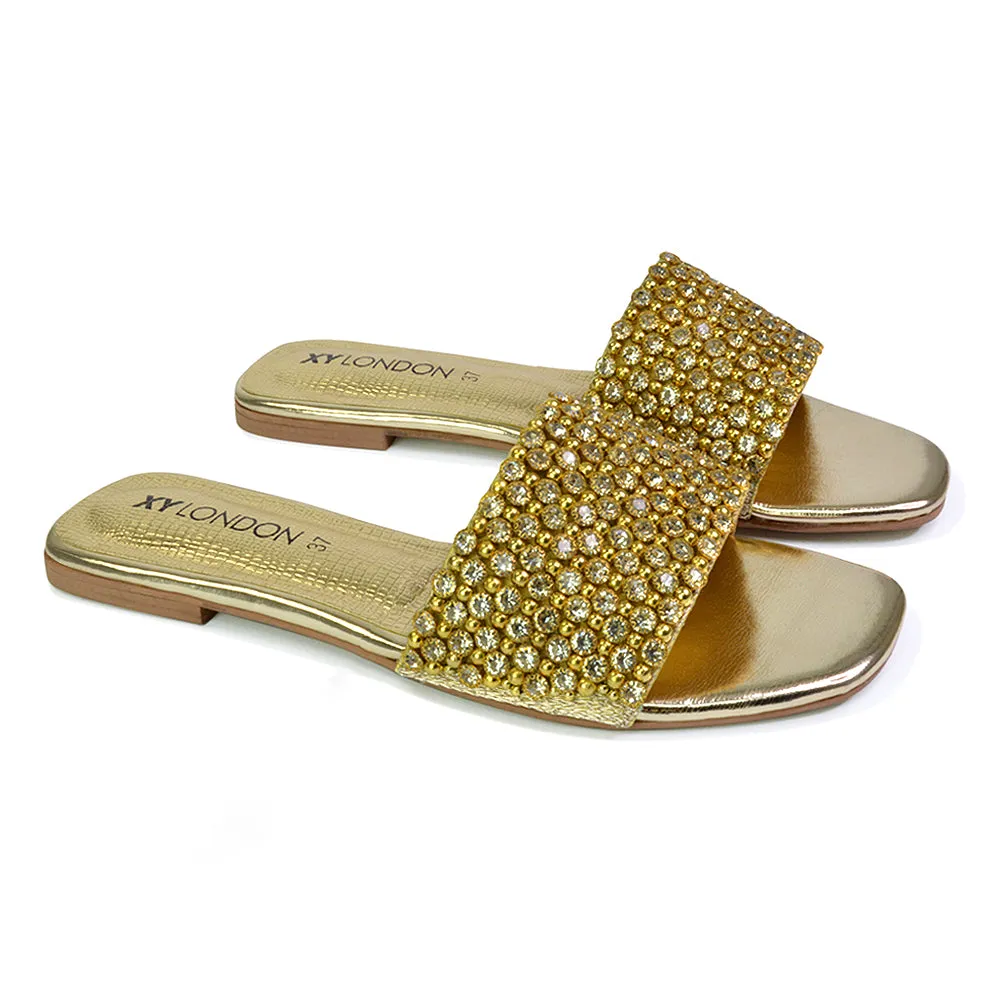 Daisy-Jones Slip On Slider Diamante Flat Sandals With Square Toe in Gold