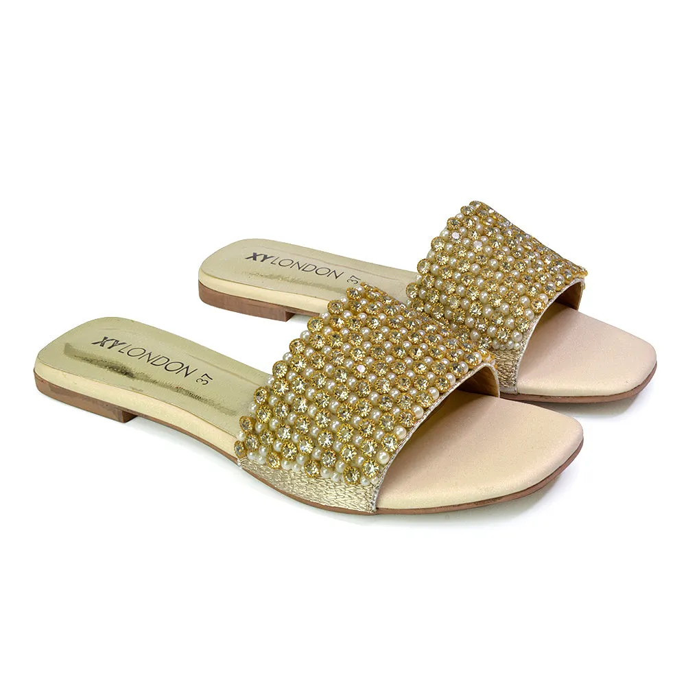 Daisy-Jones Slip On Slider Diamante Flat Sandals With Square Toe in Gold