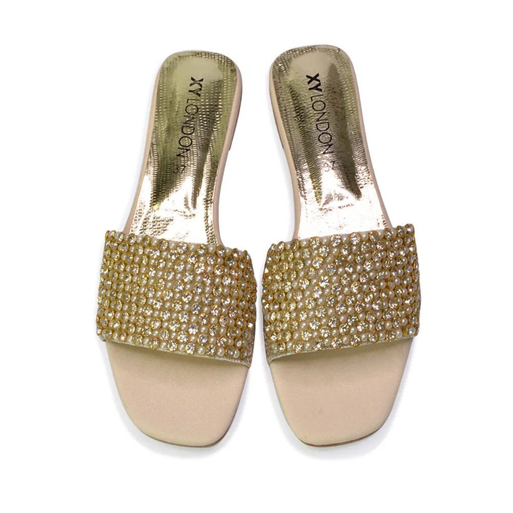 Daisy-Jones Slip On Slider Diamante Flat Sandals With Square Toe in Gold