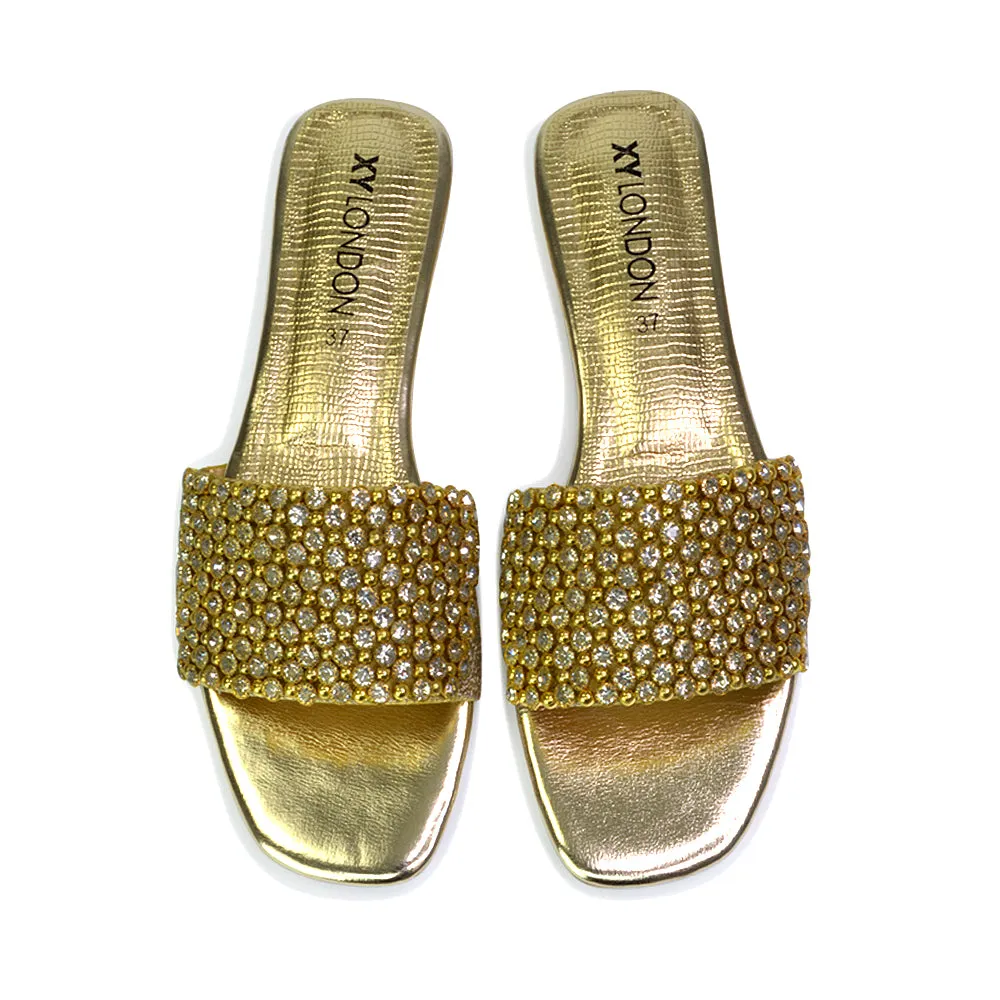 Daisy-Jones Slip On Slider Diamante Flat Sandals With Square Toe in Gold