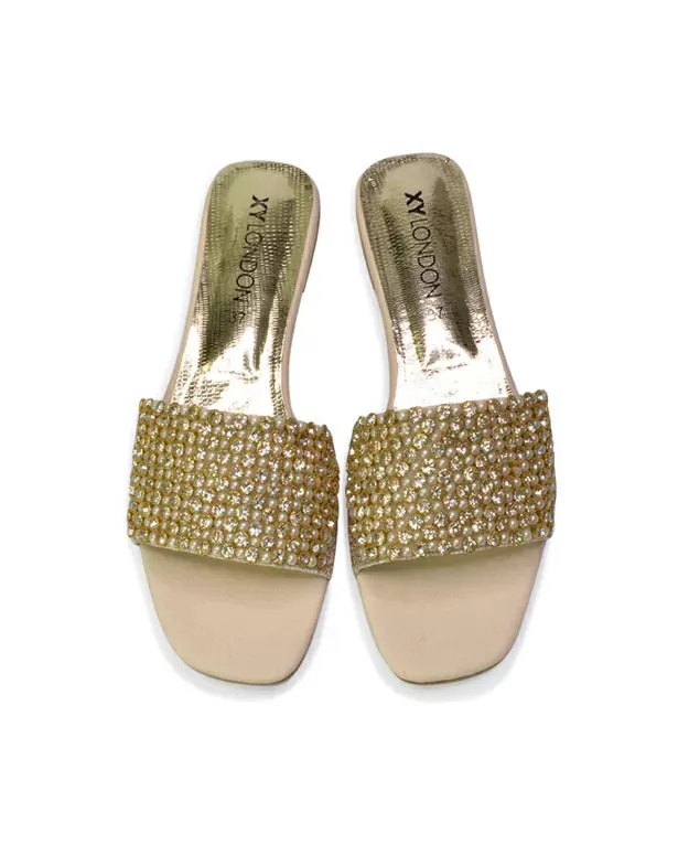 Daisy-Jones Slip On Slider Diamante Flat Sandals With Square Toe in Gold