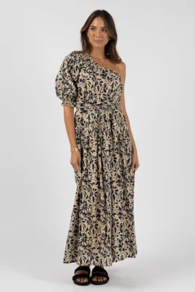 Eden Navy Print One Shoulder Midi Dress