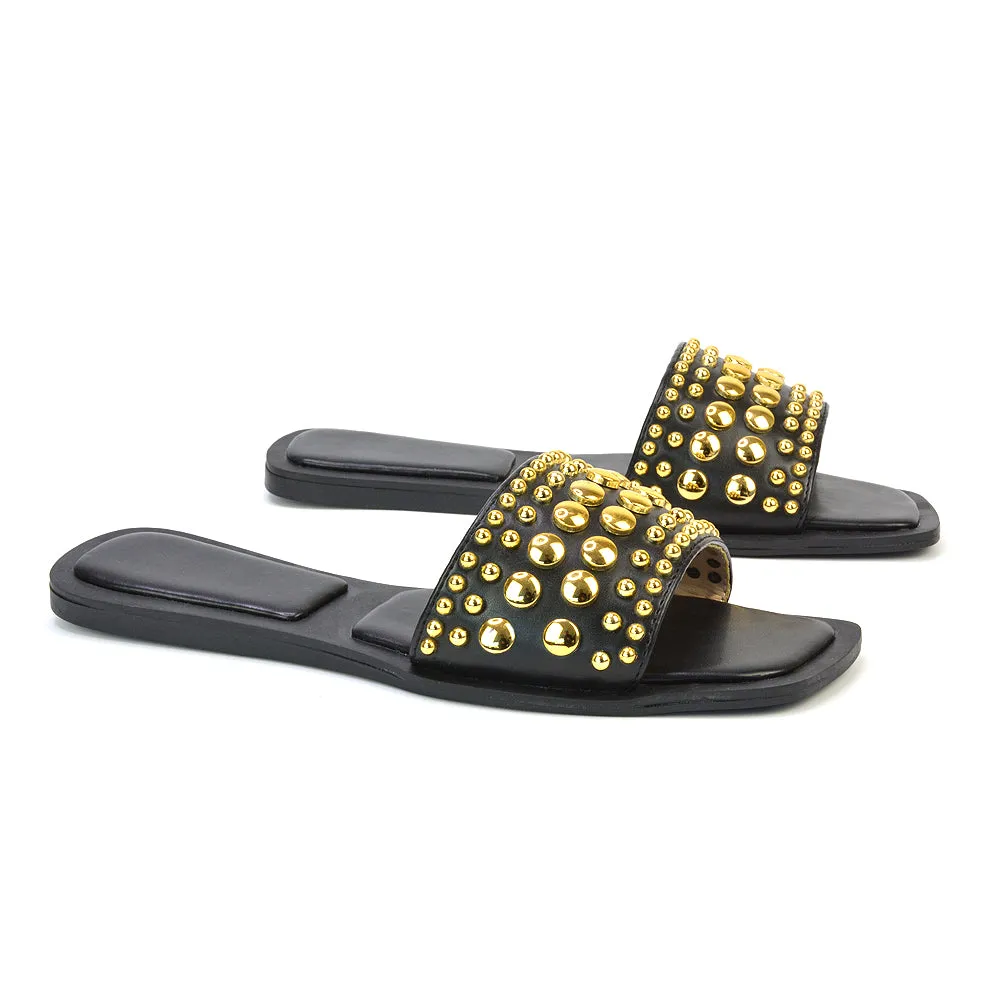 Elodie Studded Flat Heel Slide Sandals With Square Toe in Black