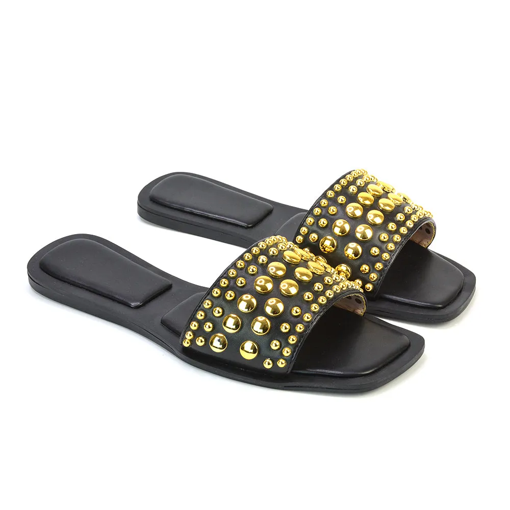 Elodie Studded Flat Heel Slide Sandals With Square Toe in Black