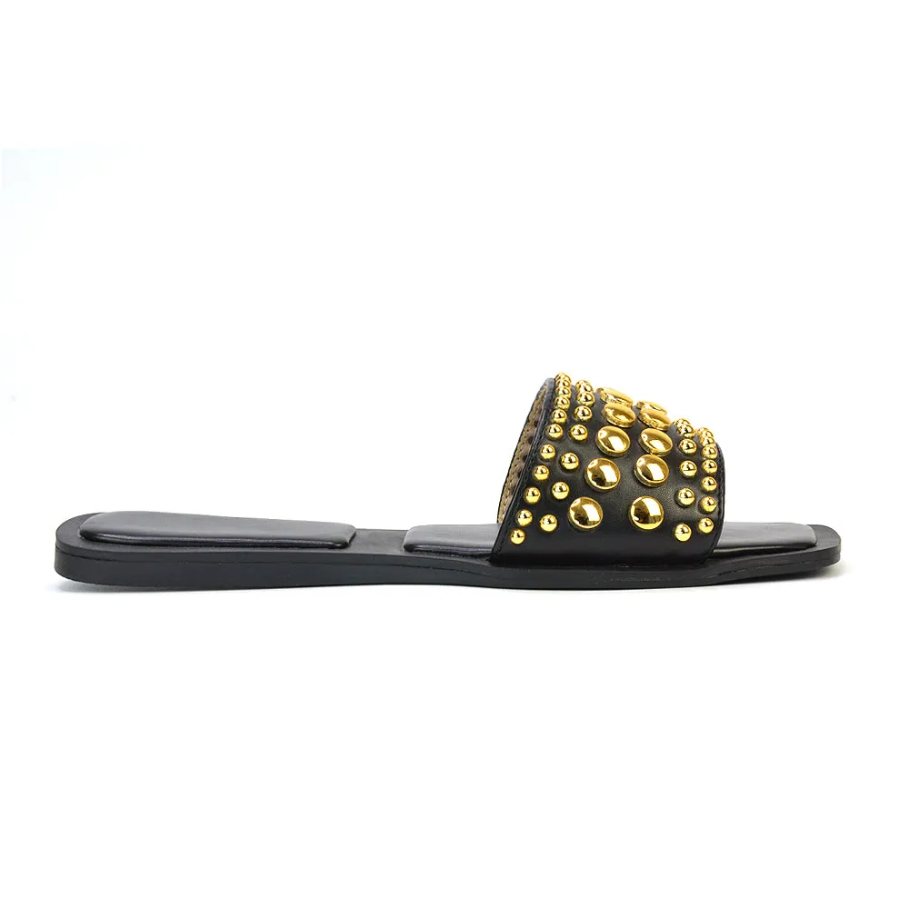 Elodie Studded Flat Heel Slide Sandals With Square Toe in Black