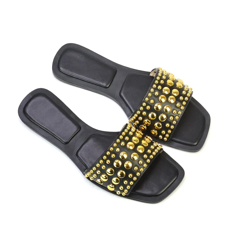 Elodie Studded Flat Heel Slide Sandals With Square Toe in Black