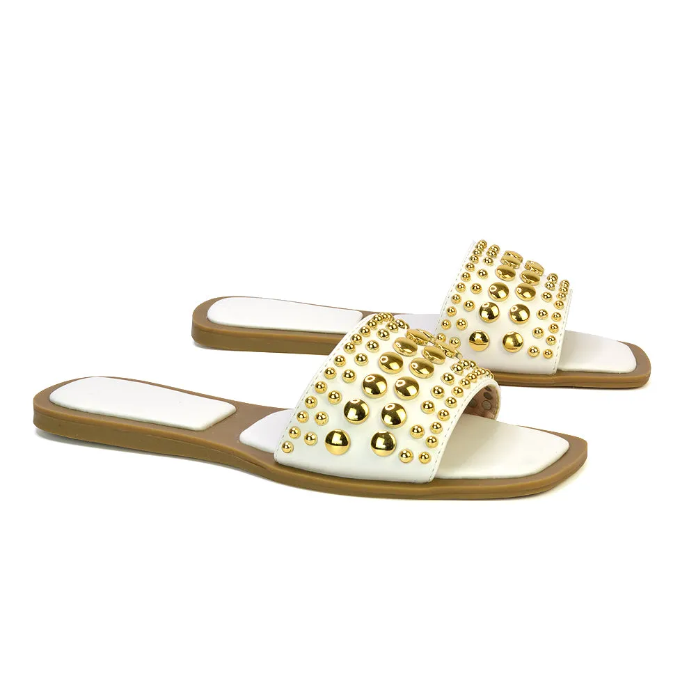 Elodie Studded Flat Heel Slide Sandals With Square Toe in Clear