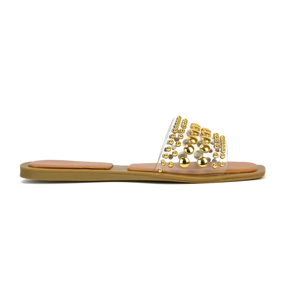 Elodie Studded Flat Heel Slide Sandals With Square Toe in Clear