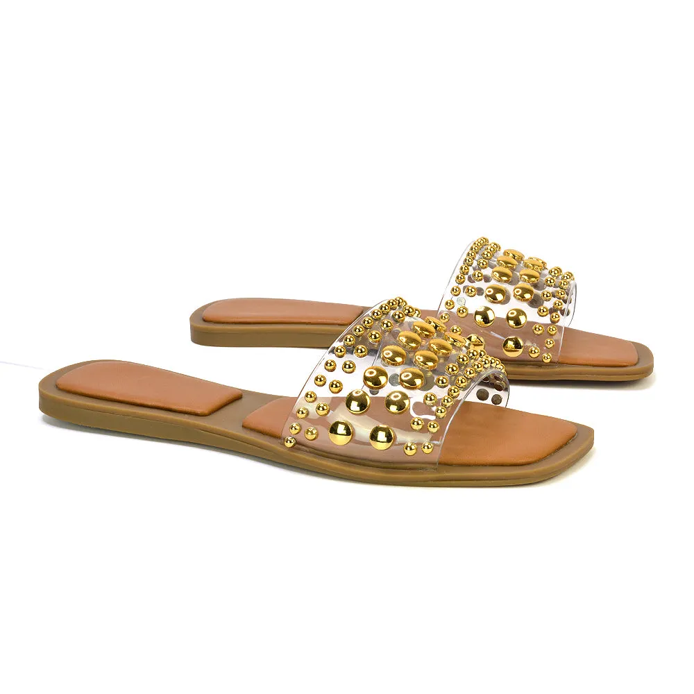 Elodie Studded Flat Heel Slide Sandals With Square Toe in Clear