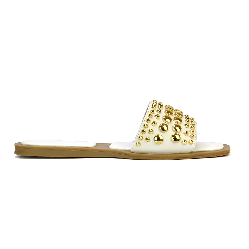 Elodie Studded Flat Heel Slide Sandals With Square Toe in Clear