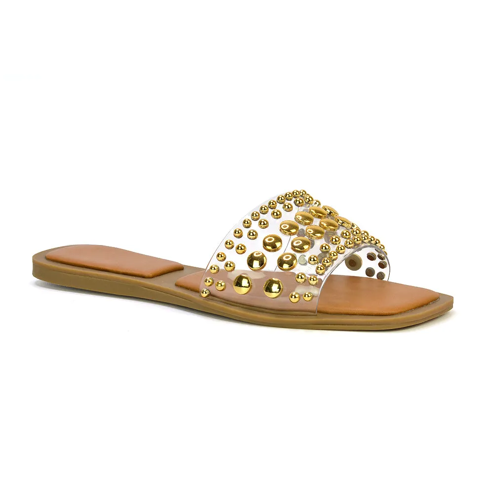 Elodie Studded Flat Heel Slide Sandals With Square Toe in Clear