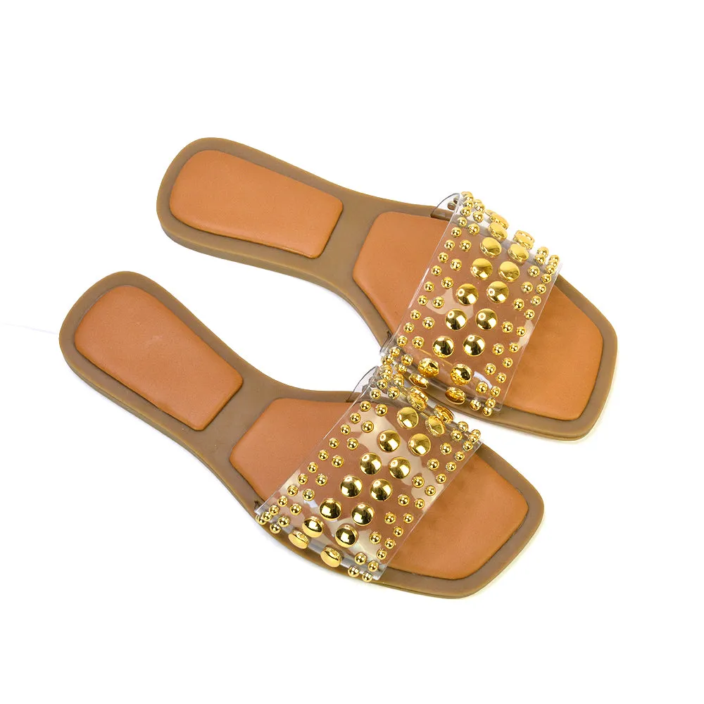 Elodie Studded Flat Heel Slide Sandals With Square Toe in Clear