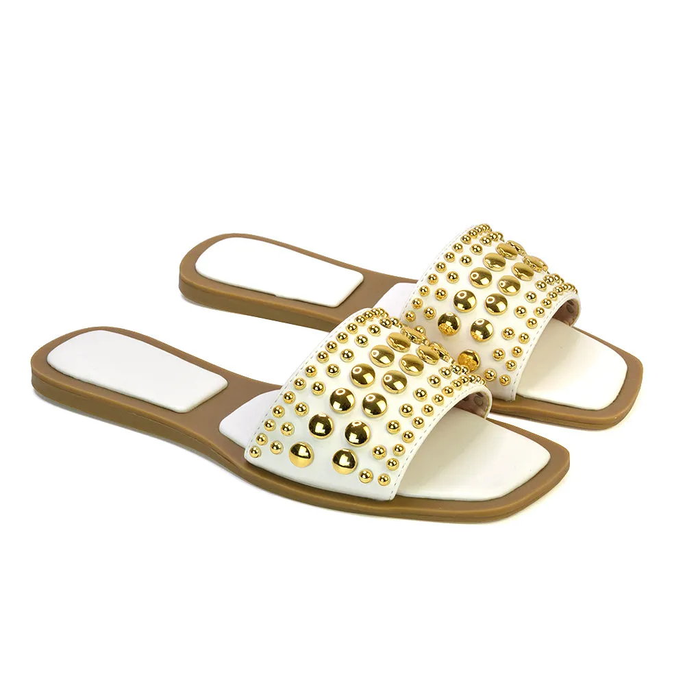 Elodie Studded Flat Heel Slide Sandals With Square Toe in Clear