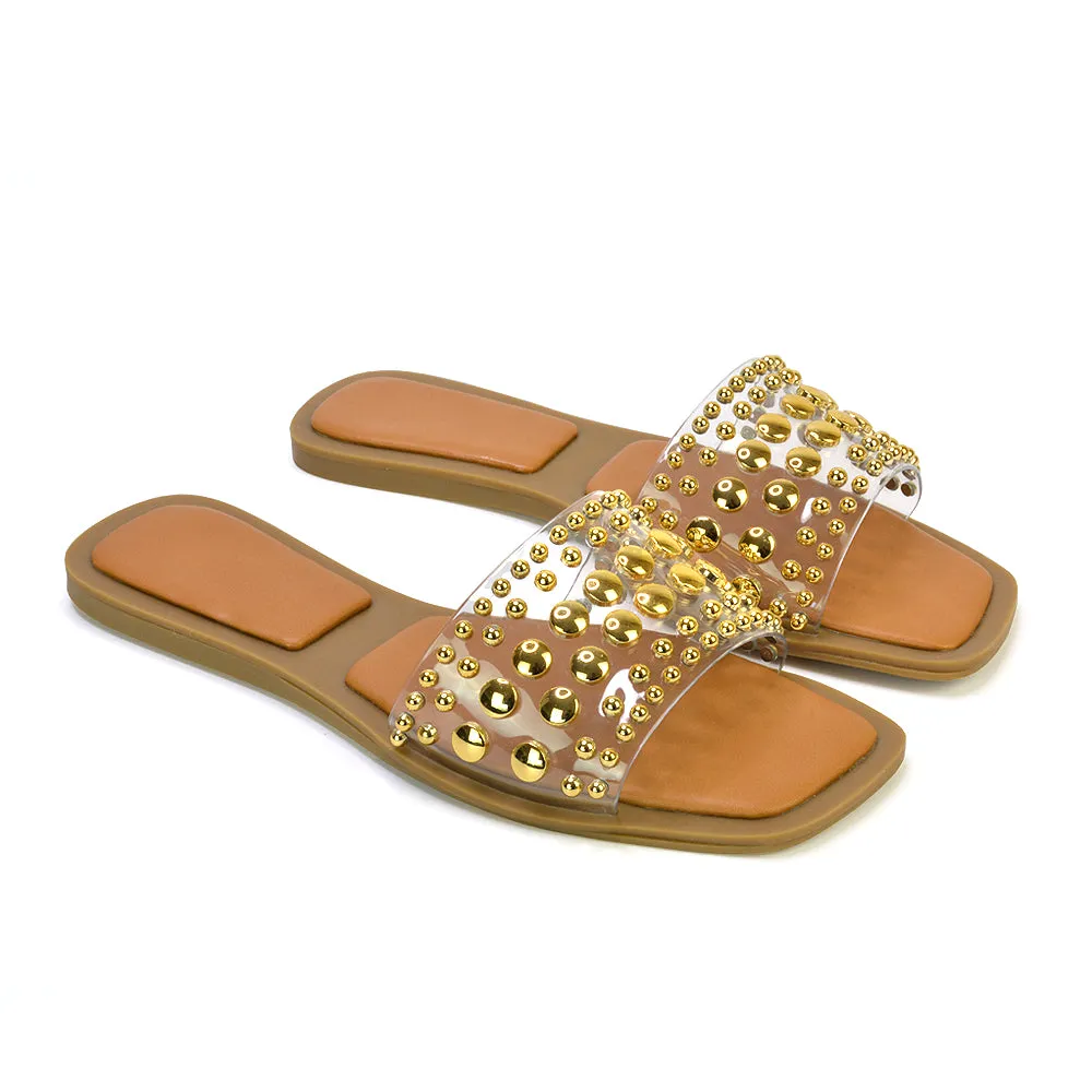 Elodie Studded Flat Heel Slide Sandals With Square Toe in Clear