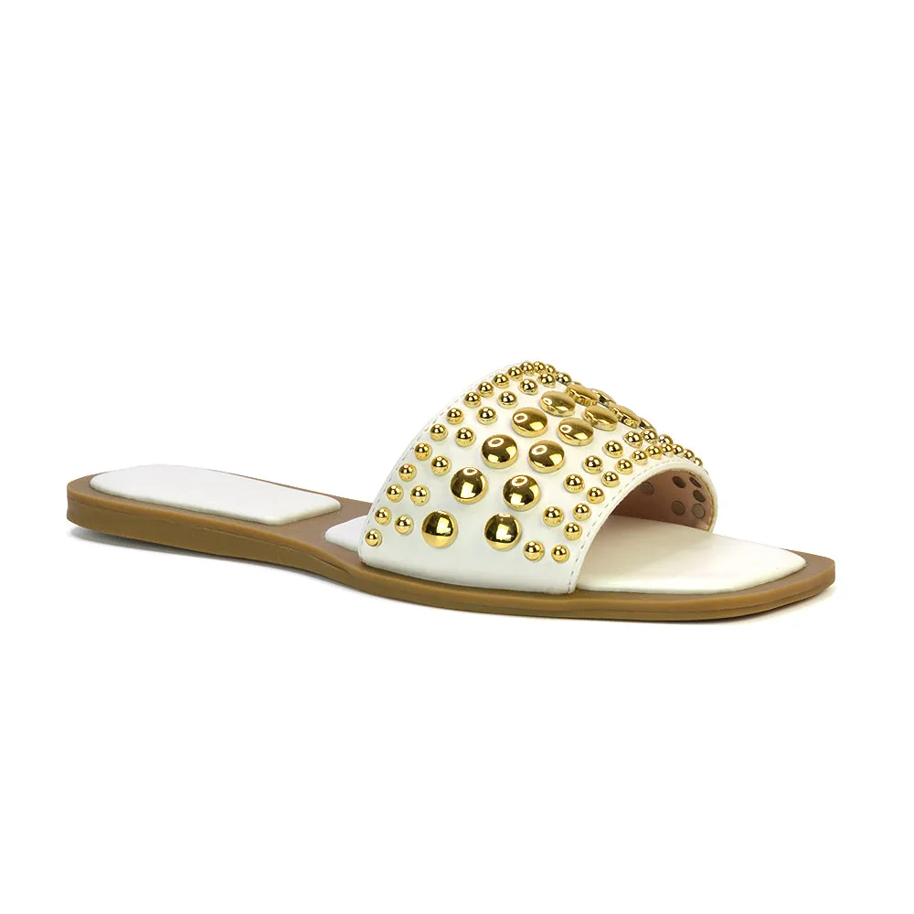 Elodie Studded Flat Heel Slide Sandals With Square Toe in Clear