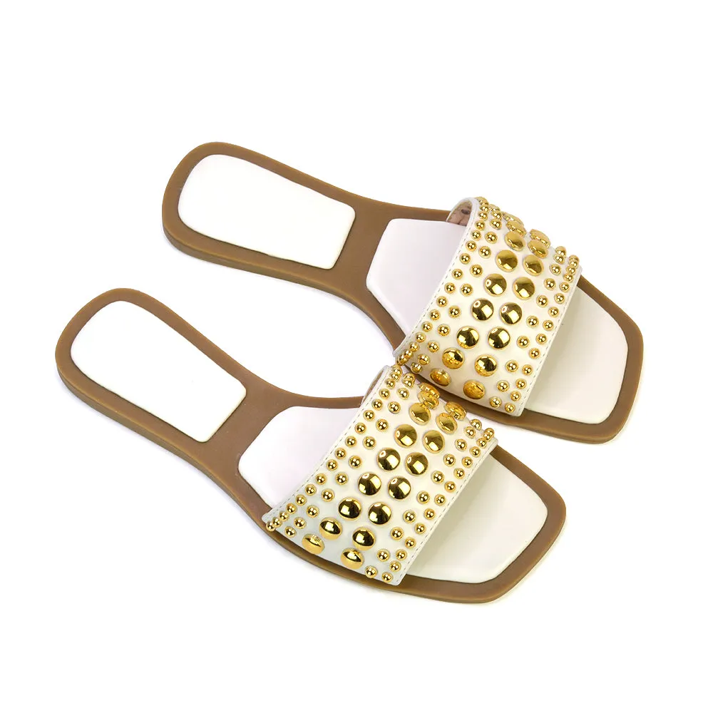 Elodie Studded Flat Heel Slide Sandals With Square Toe in Clear