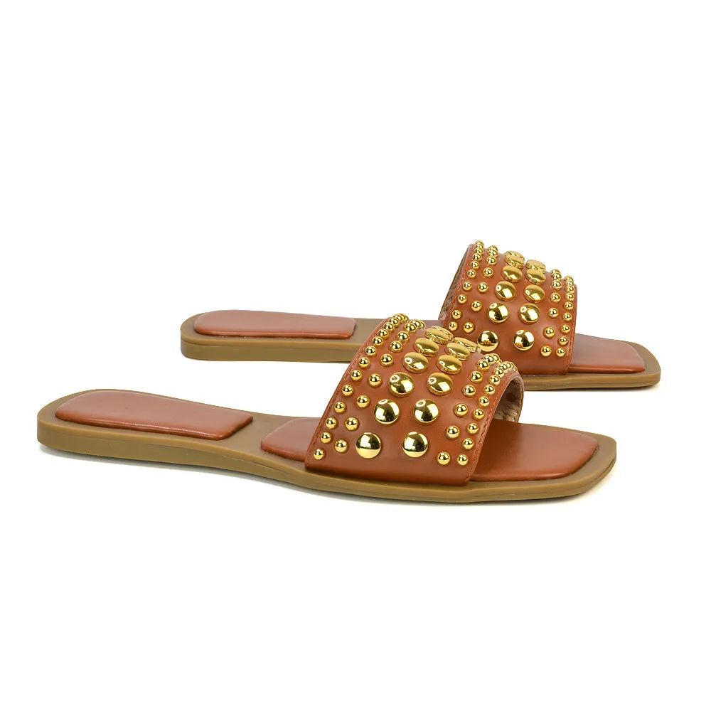 Elodie Studded Flat Heel Slide Sandals With Square Toe in Clear