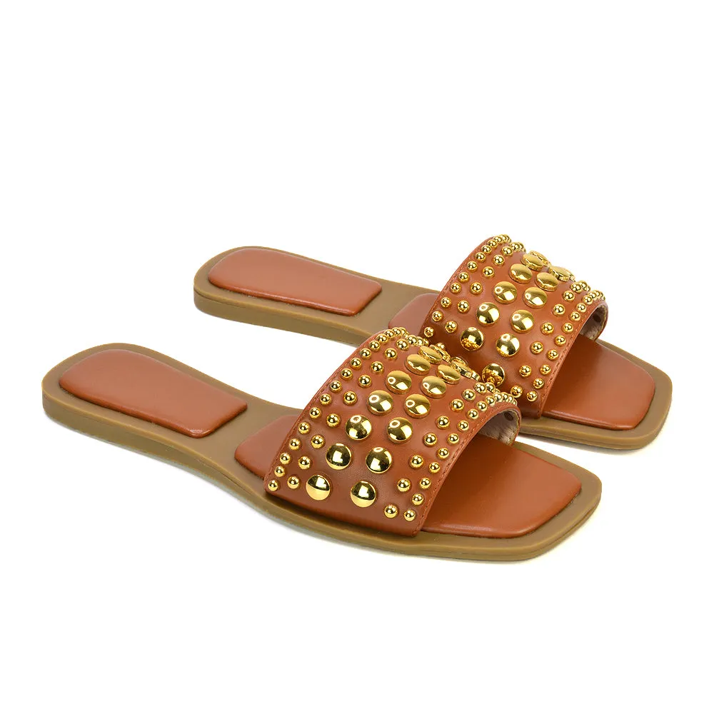 Elodie Studded Flat Heel Slide Sandals With Square Toe in Tan