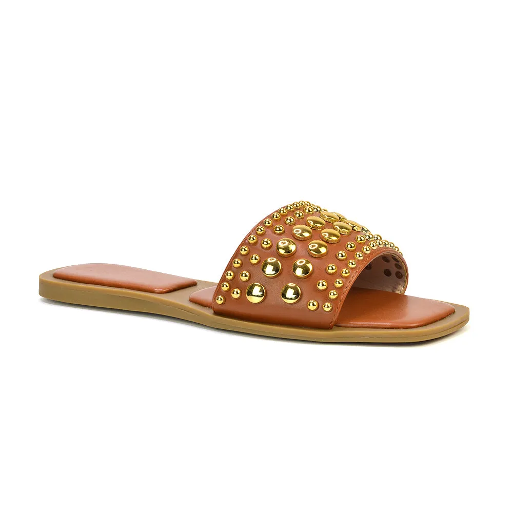 Elodie Studded Flat Heel Slide Sandals With Square Toe in Tan