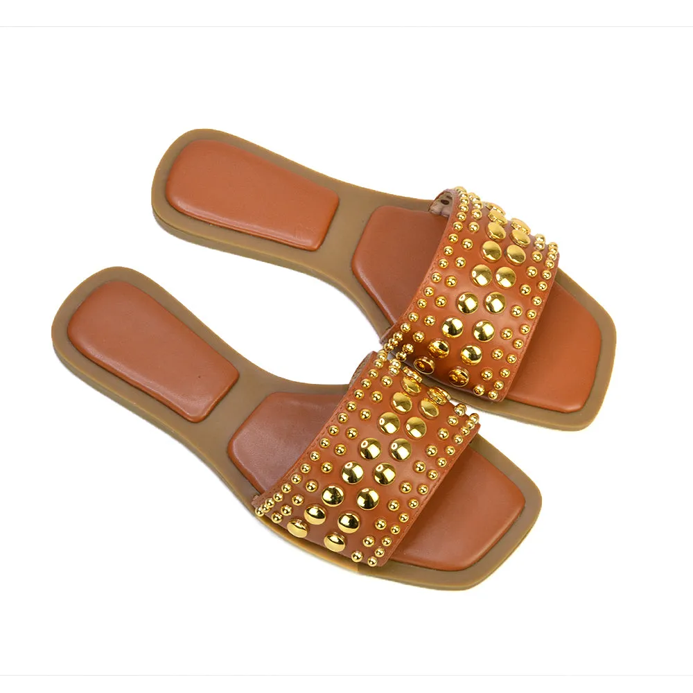 Elodie Studded Flat Heel Slide Sandals With Square Toe in Tan