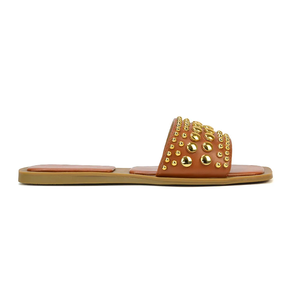 Elodie Studded Flat Heel Slide Sandals With Square Toe in Tan