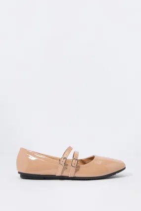 Faux Patent Leather Buckled Flat