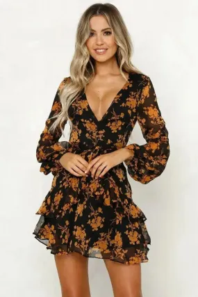 Floral V-Neck Long Sleeve Mini Dress - Sheer Elegance