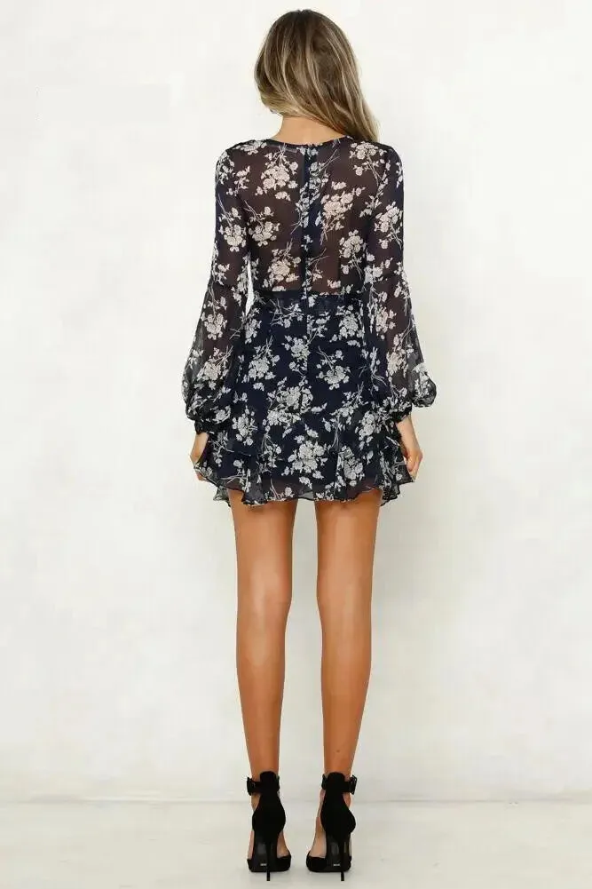 Floral V-Neck Long Sleeve Mini Dress - Sheer Elegance