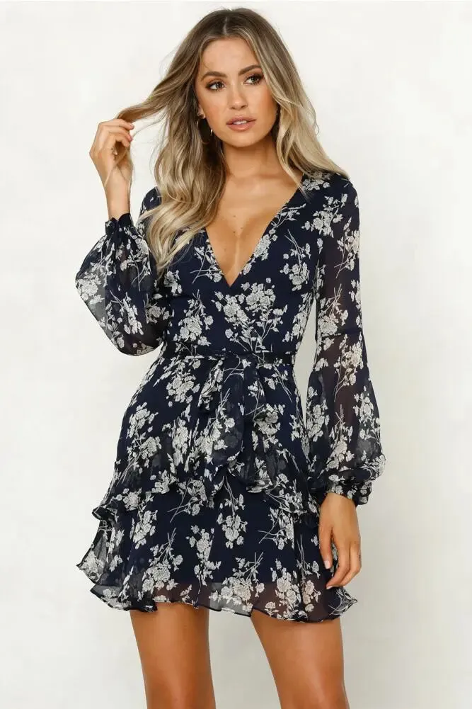 Floral V-Neck Long Sleeve Mini Dress - Sheer Elegance