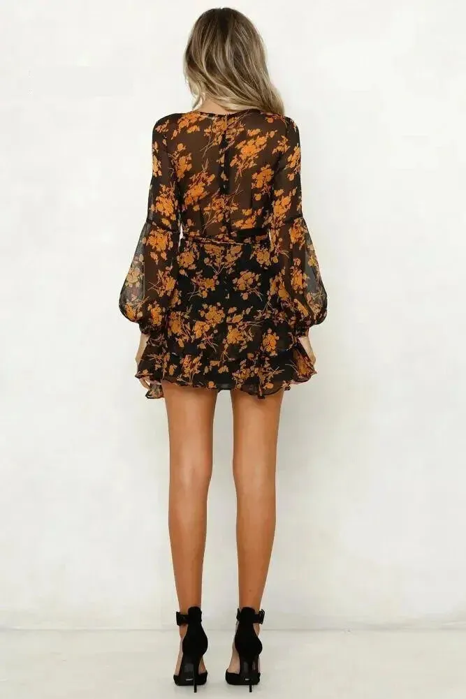 Floral V-Neck Long Sleeve Mini Dress - Sheer Elegance