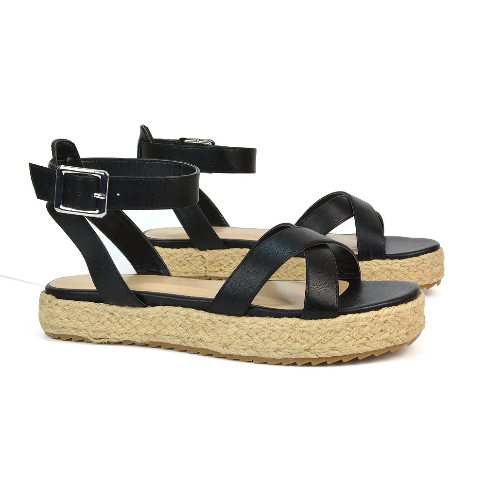 Fran Flatform Strappy Espadrille Flat Summer Sandals In White Synthetic Leather